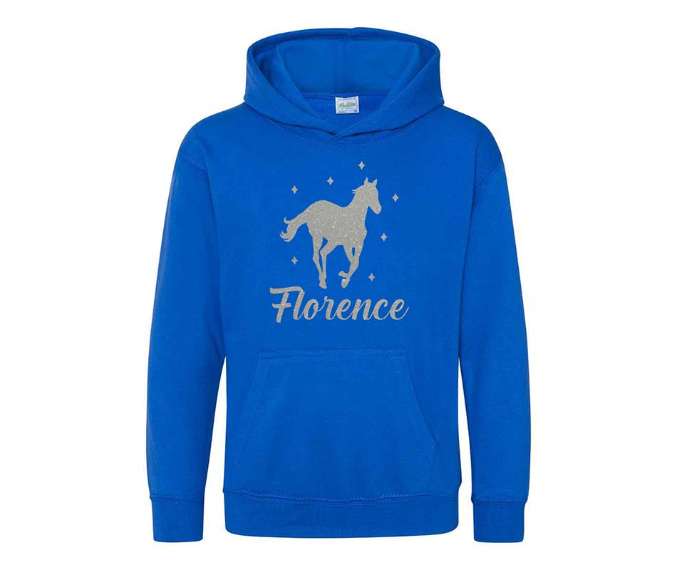 Personalised Glitter Horse Riding Hoodie Girls Boys Hoody Kids Top Jumper