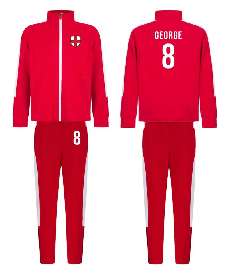 Personalised Kids Sports Tracksuit Zipper Top and Pants, Sport kit Customised Name Print England Flag Names & Numbers for Young Athletes