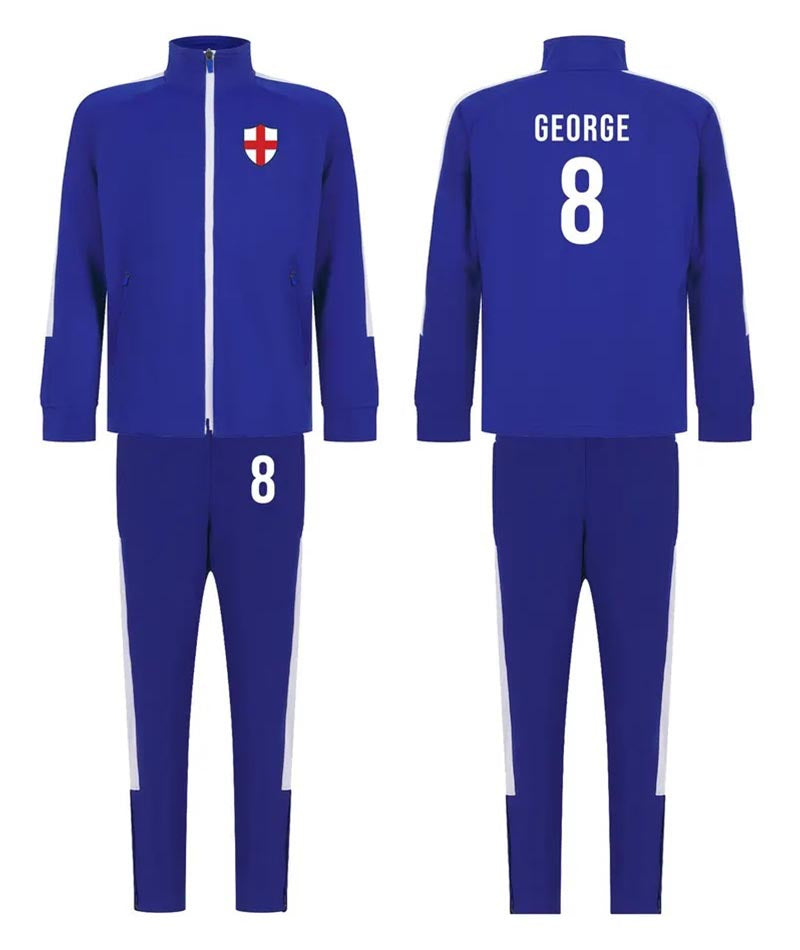 Personalised Kids Sports Tracksuit Zipper Top and Pants, Sport kit Customised Name Print England Flag Names & Numbers for Young Athletes