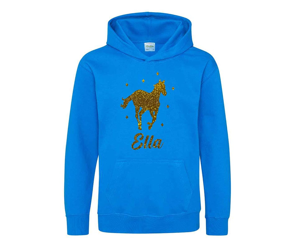 Personalised Glitter Horse Riding Hoodie Girls Boys Hoody Kids Top Jumper