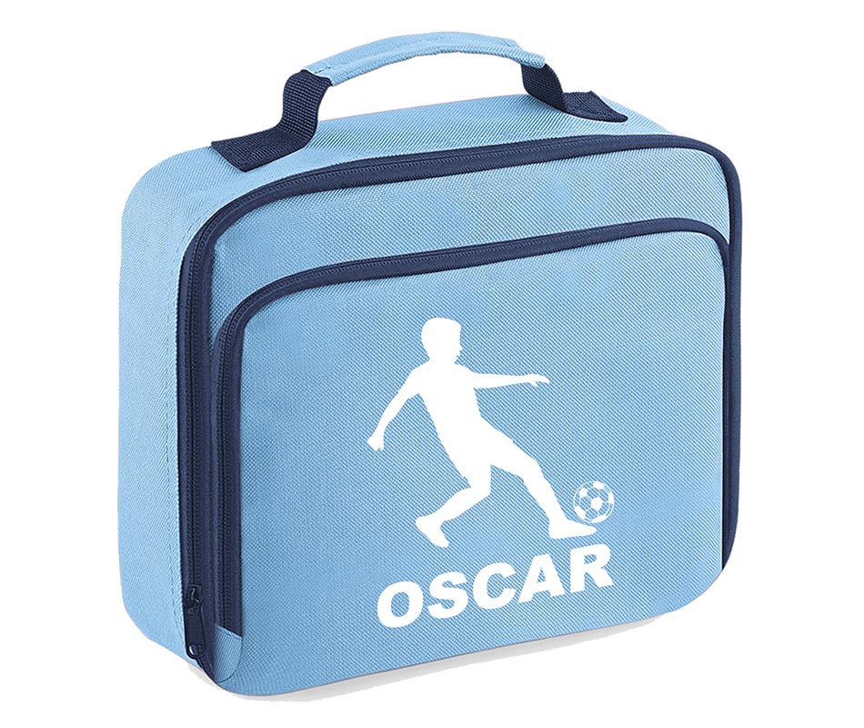 Personalised Football Player Lunch Bag Boys School Insulated Any Name Kids Snack Box