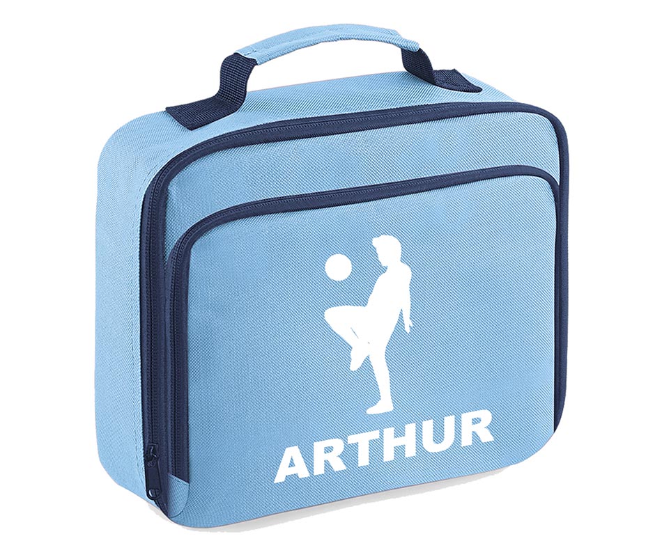 Personalised Football Player Lunch Bag Boys School Insulated Any Name Kids Snack Box