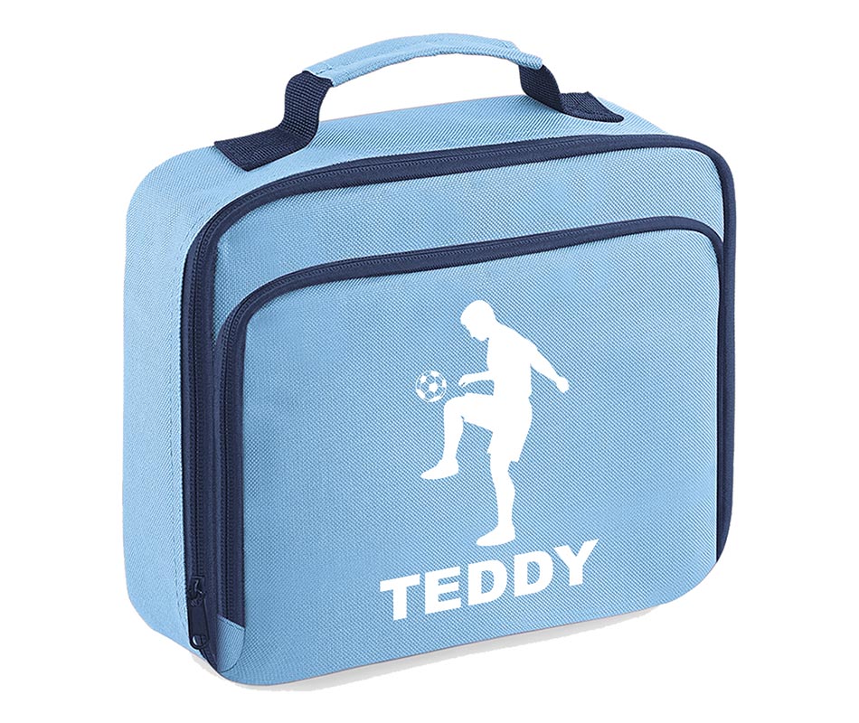 Personalised Football Player Lunch Bag Boys School Insulated Any Name Kids Snack Box