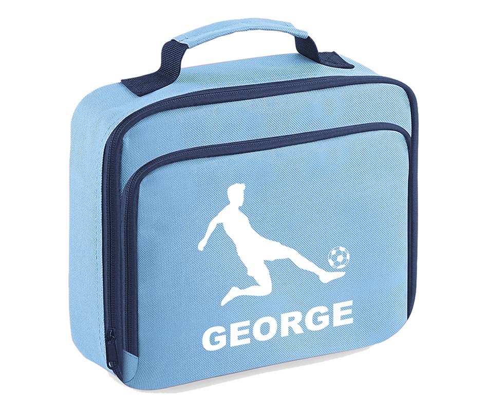 Personalised Football Player Lunch Bag Boys School Insulated Any Name Kids Snack Box