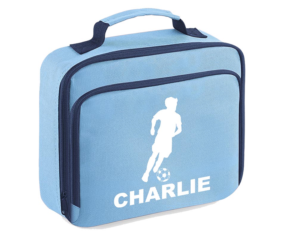 Personalised Football Player Lunch Bag Boys School Insulated Any Name Kids Snack Box