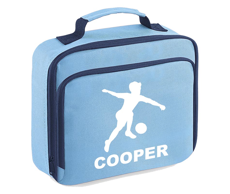 Personalised Football Player Lunch Bag Boys School Insulated Any Name Kids Snack Box