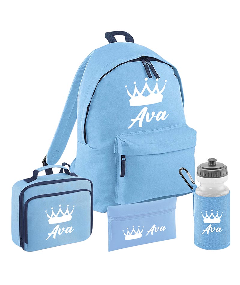 Personalised Crown Backpack, Lunch Bag, Drawstring, Water bottle and Pencil Case PE Bag Kids Boys Girls