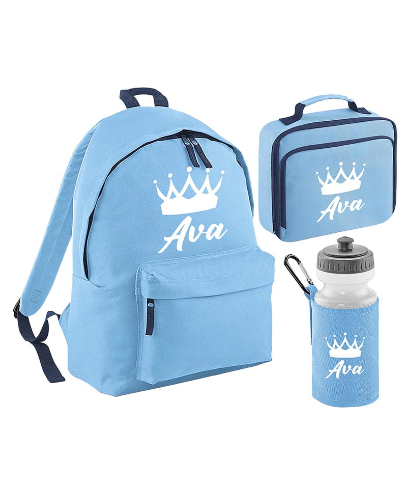 Personalised Crown Backpack, Lunch Bag, Drawstring, Water bottle and Pencil Case PE Bag Kids Boys Girls