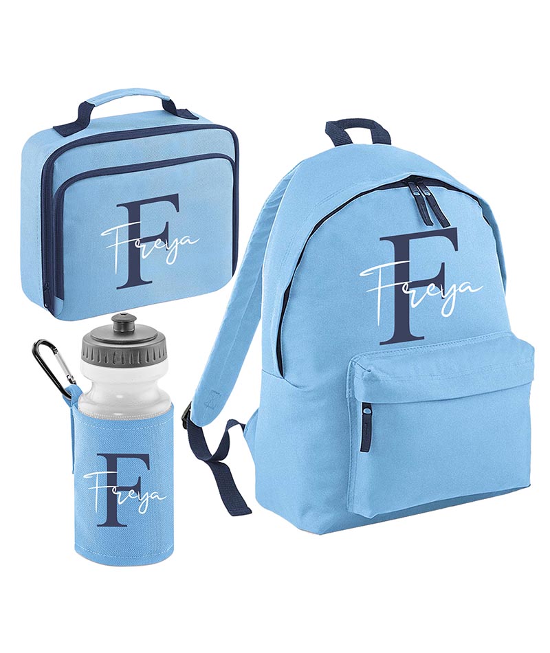 Personalised Initial Name Backpack, Lunch Bag, Drawstring, Water bottle and Pencil Case PE Bag Kids Boys Girls