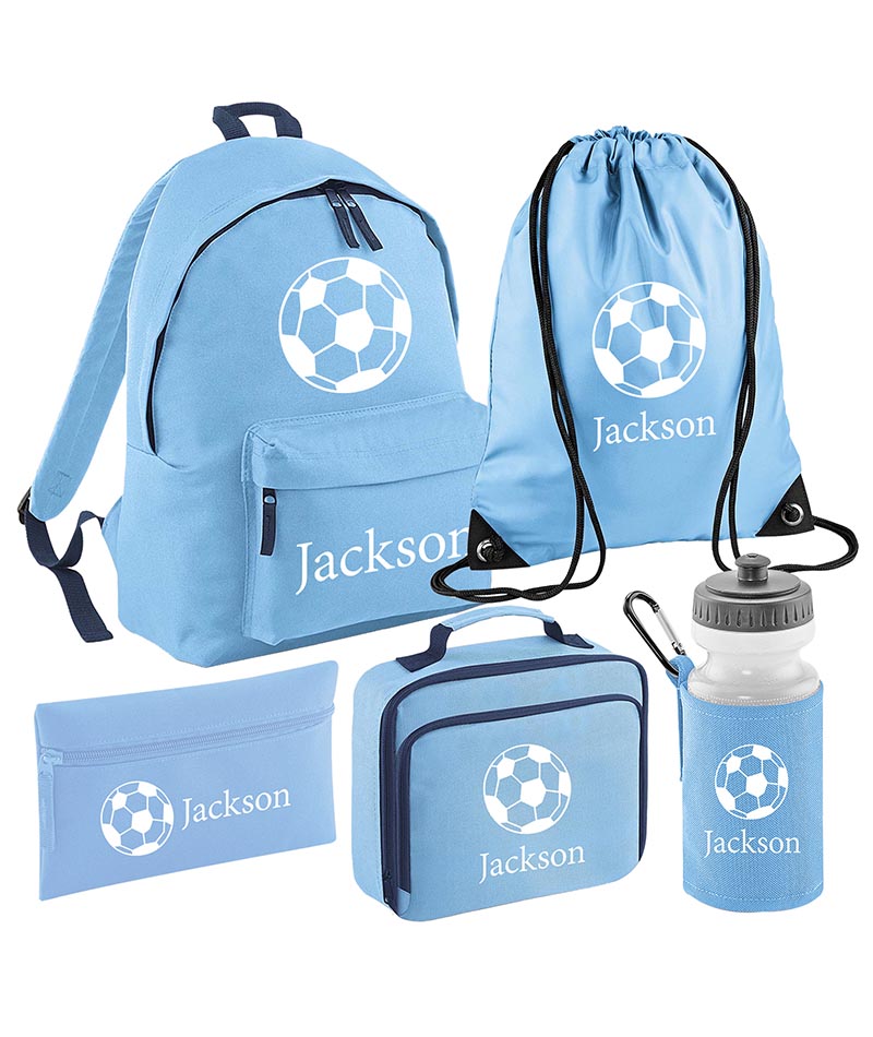 Personalised Football Backpack, Lunch Bag, Drawstring, Water bottle and Pencil Case PE Bag Kids Boys Girls