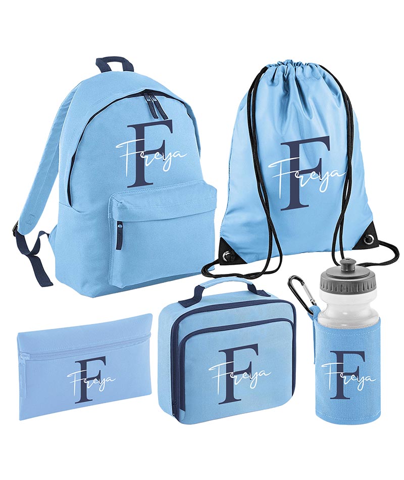 Personalised Initial Name Backpack, Lunch Bag, Drawstring, Water bottle and Pencil Case PE Bag Kids Boys Girls