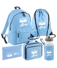 Personalised Crown Backpack, Lunch Bag, Drawstring, Water bottle and Pencil Case PE Bag Kids Boys Girls