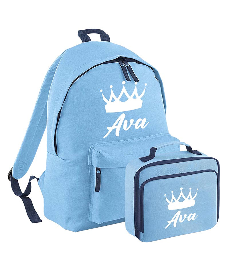 Personalised Crown Backpack, Lunch Bag, Drawstring, Water bottle and Pencil Case PE Bag Kids Boys Girls