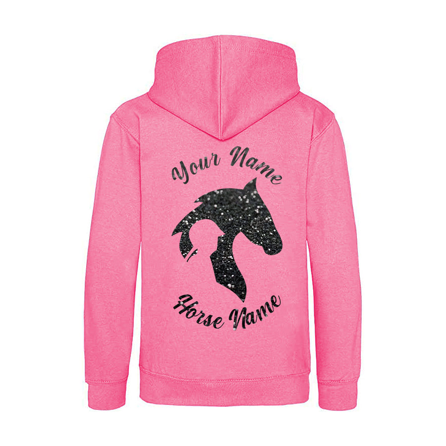 Childrens Personalised Back Print Horse Riding Hoodie Glitter Equestrian Hoody