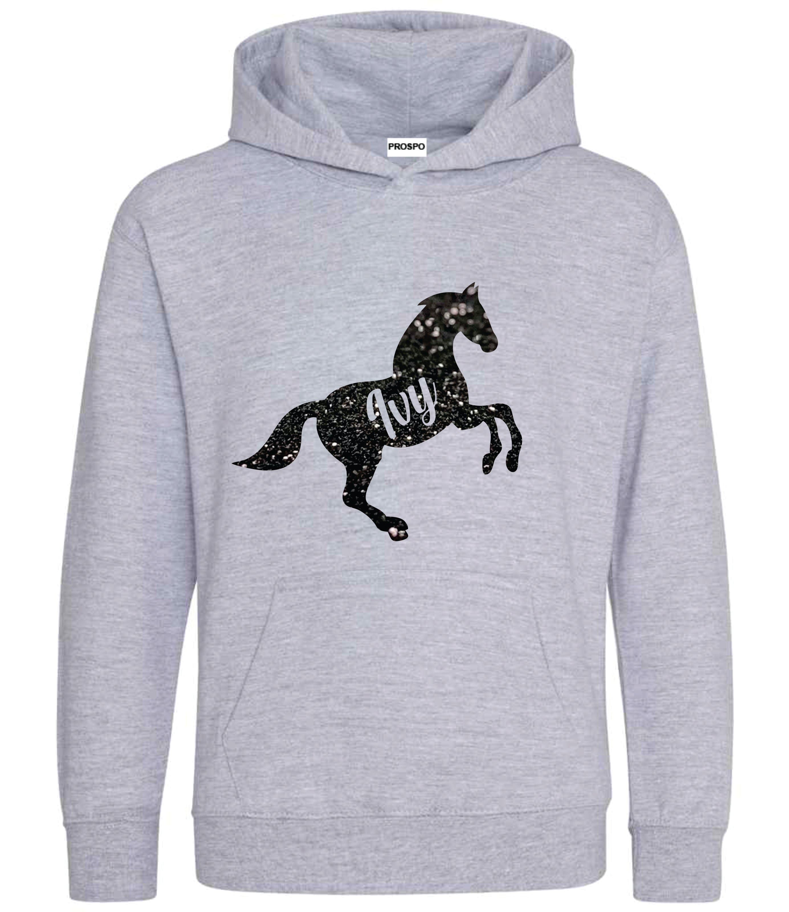 Personalised Glitter Horse Riding Hoodie Girls Boys Hoody Kids Top Jumper