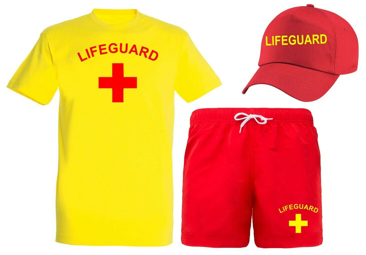 Lifeguard Mens Fancy Dress Costume T-shirts + Shorts + Cap