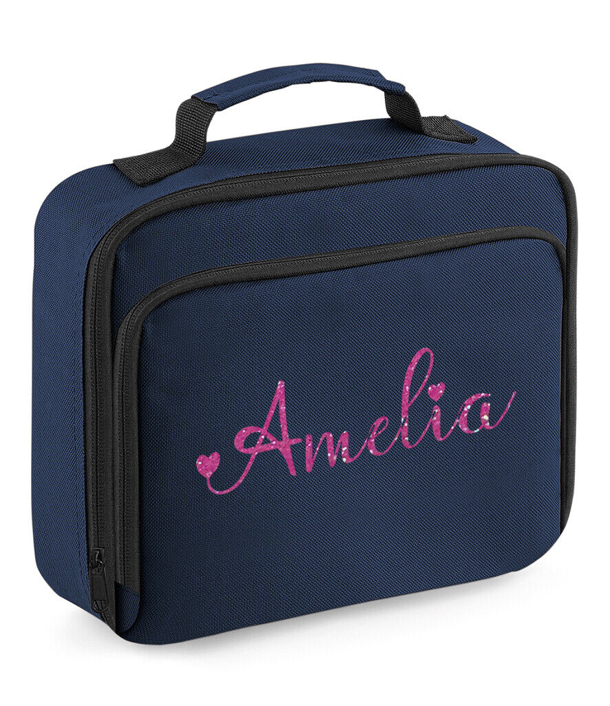 Personalised Girls Lunch Bag Childrens School Insulated Glitter Heart Snack Box