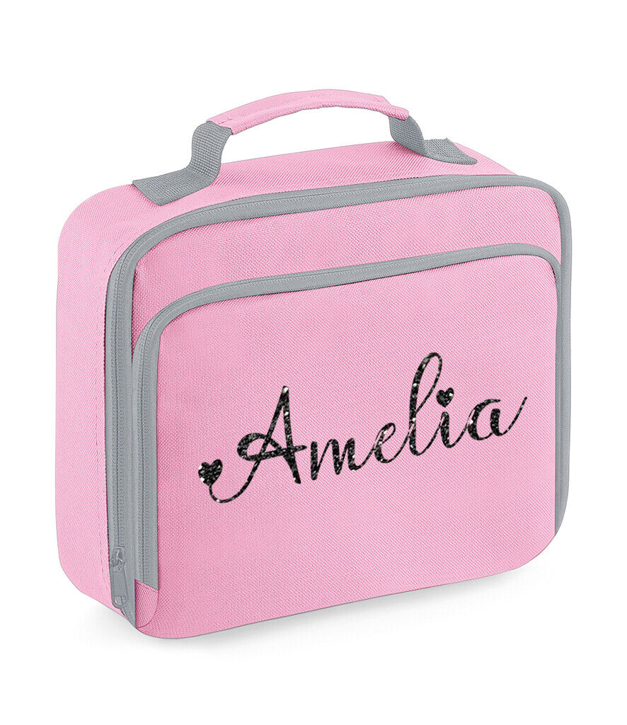 Personalised Girls Lunch Bag Childrens School Insulated Glitter Heart Snack Box