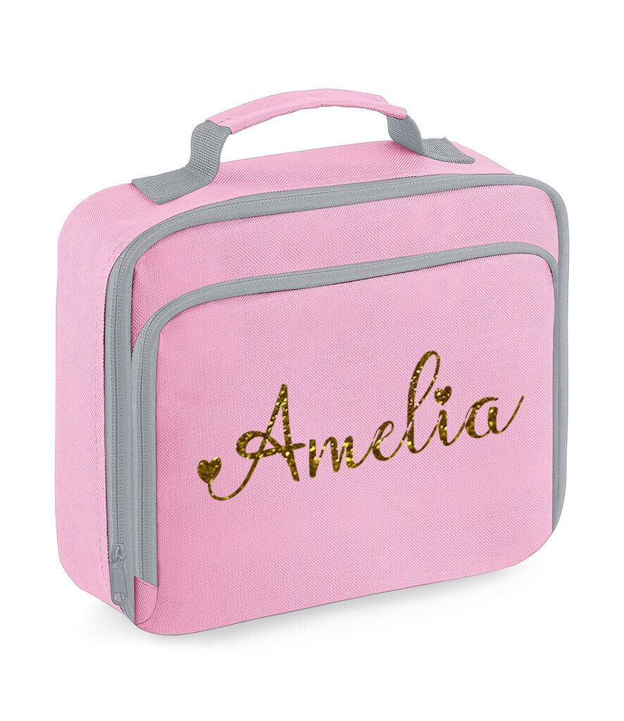 Personalised Girls Lunch Bag Childrens School Insulated Glitter Heart Snack Box