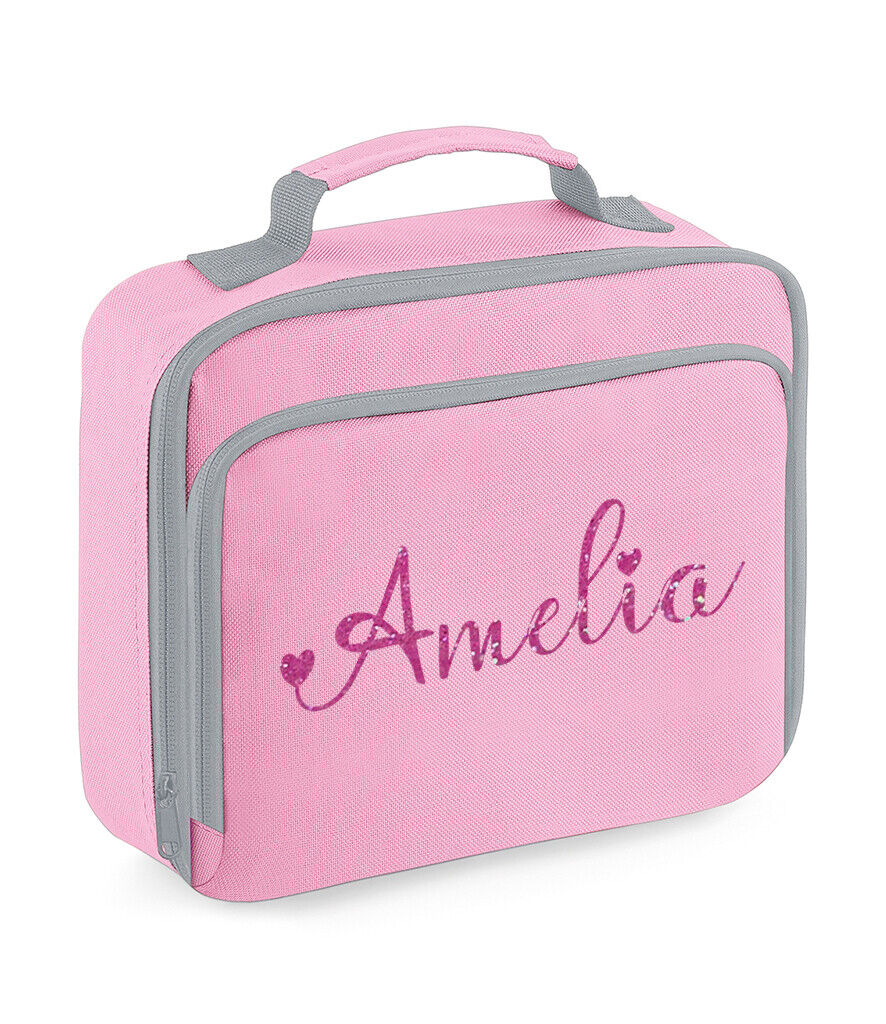 Personalised Girls Lunch Bag Childrens School Insulated Glitter Heart Snack Box