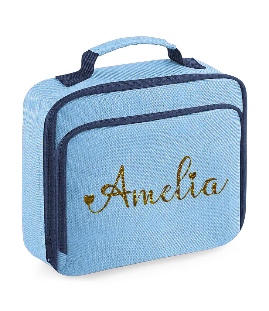 Personalised Girls Lunch Bag Childrens School Insulated Glitter Heart Snack Box