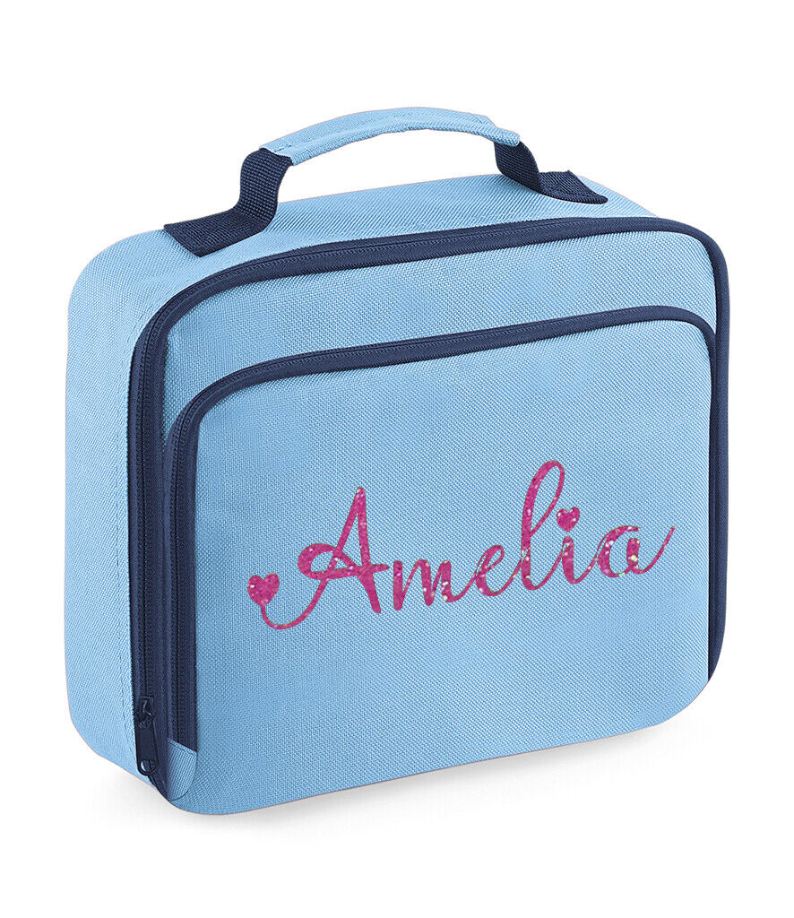 Personalised Girls Lunch Bag Childrens School Insulated Glitter Heart Snack Box