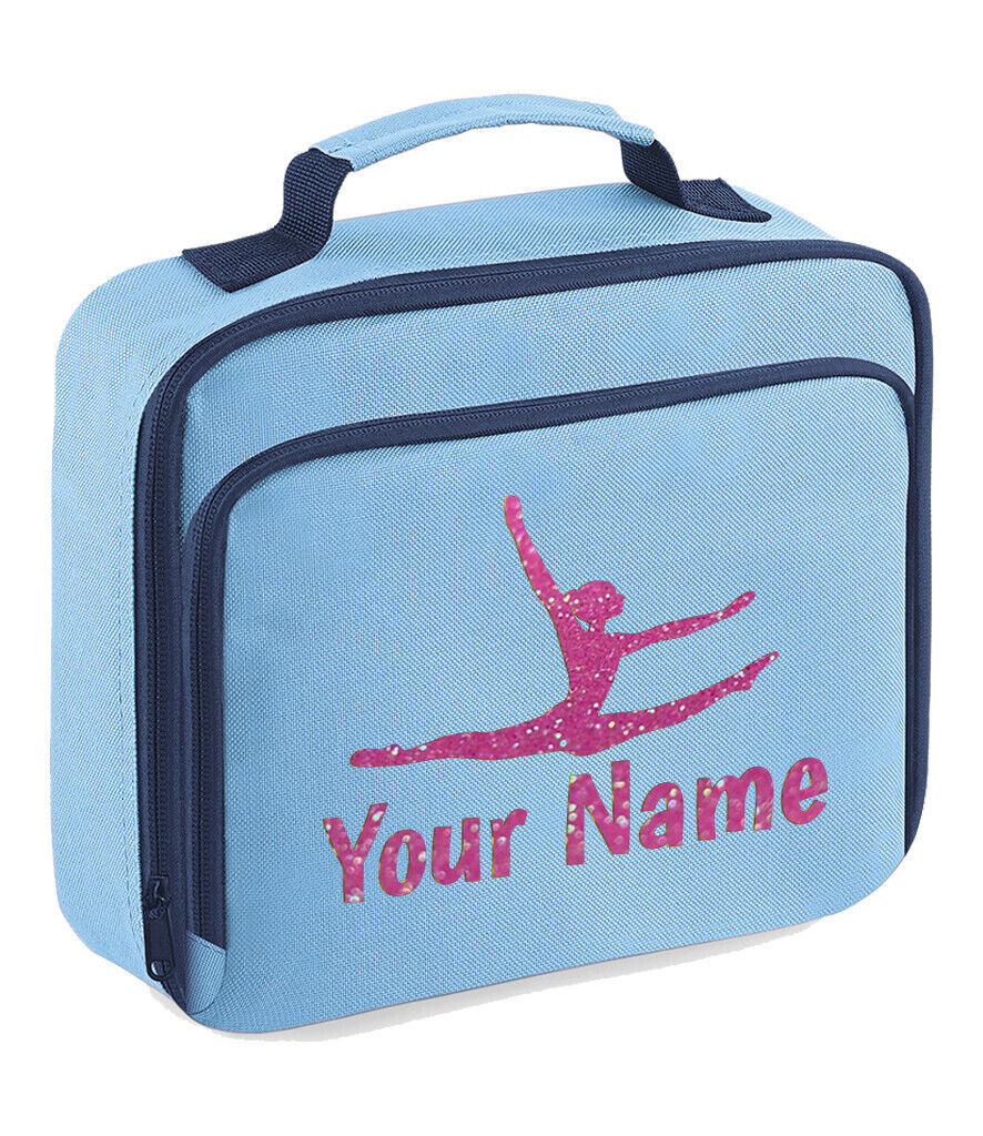 Girls Personalised Glitter Gymnastics School Lunch Bag Kids Dance Insulated Box